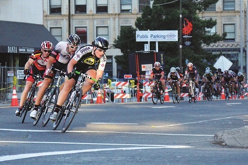 Riders along the Lilac City Twighlight Criterium route downtown Spokane. Photo: Hank Greer
