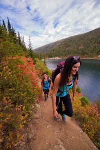 Hiking along the shore of Stevens Lake. Photo: Skye Schillhammer