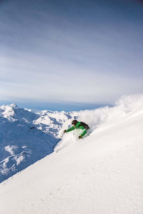 Skiing in Val Thorens, France while on feature assignment for SKI magazine. Photo courtesy of Keri Bascetta