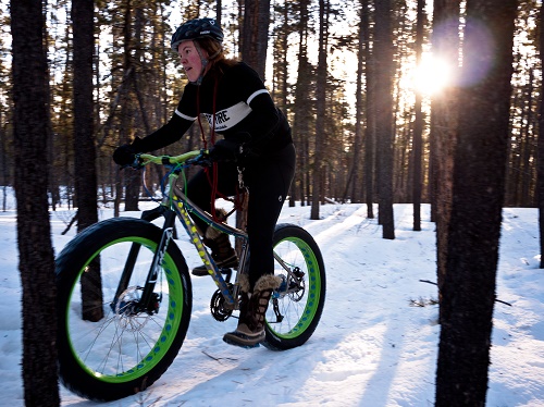 Person pedaling a fat bike on a snow-covered trail among trees.