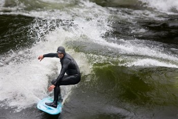 KB of Strongwater Mountain Surf Shop in Missoula shreds the Pipeline Wave on Idaho's Lochsa River at optimal flows during the 2014 Pipeline Classic river surf event. Photo: Seth Warren