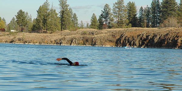 Woman open water swimming in a lake.