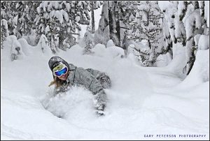 Jessica deep in the trees at Lookout Pass. //  Photo: Gary Peterson. Photo courtesy of Ski The Northwest Rockies.