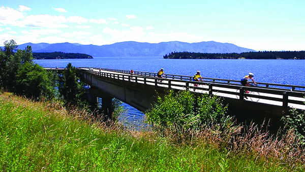 Cyclists racing on Long Bridge across Lake Pend Oreille in the Chafe 150 event.