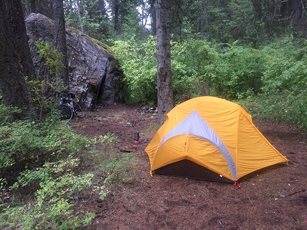 Small yellow tent in a backcountry forest campsite.