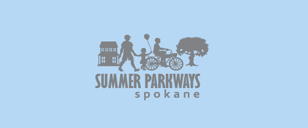 Graphic design that says "Summer Parkways Spokane" featuring people walking and bike-riding.