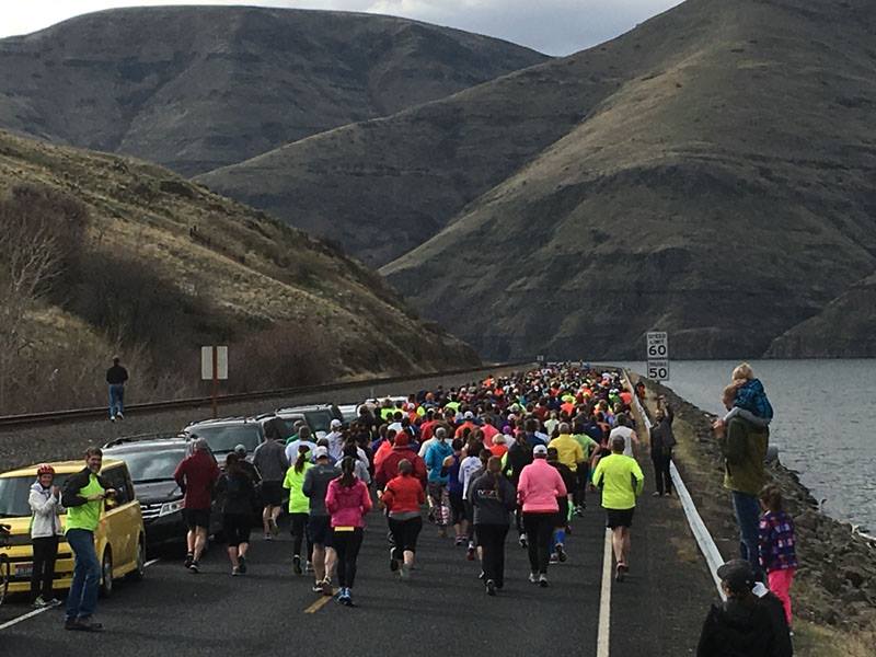 Runners cross the picturesque starting line of the 2016 Snake River Canyon Half Marathon (Photo by Dave Wilder)