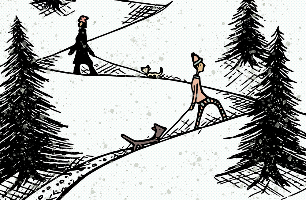 Illustration of people walking their dogs on leashes up a snowy trail.