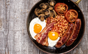 Photo of frying pan with a full English breakfast.