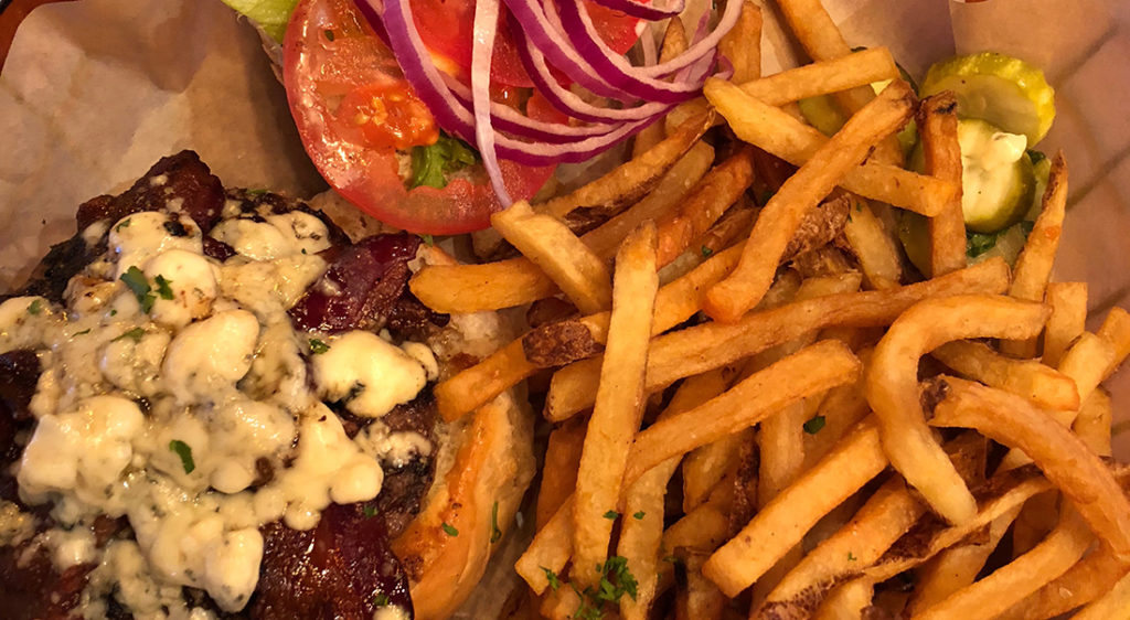 Maple Bacon Blue Cheeseburger and fries.