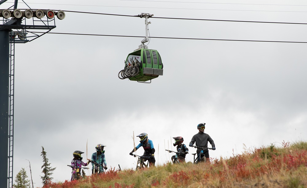 Mountain bikers at Silver Mountain Resort on a slope under the gondola.