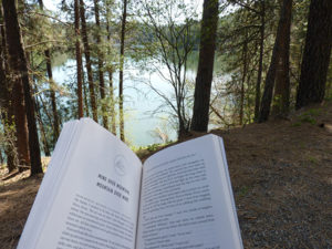 Photo of open book and lake in the background.
