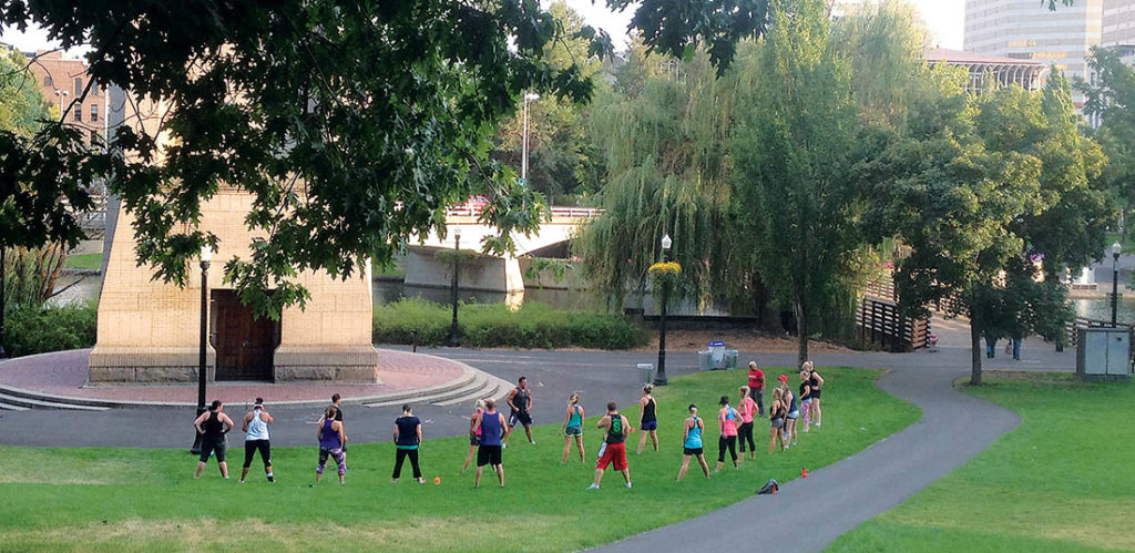 Photo of workout class from afar in downtown Spokane.