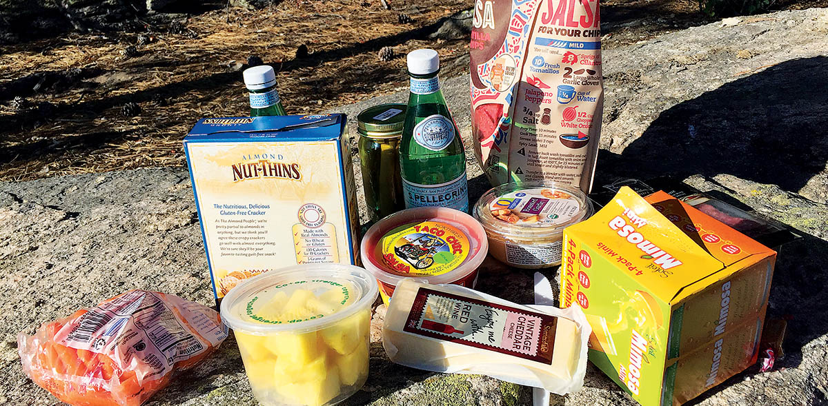 Photo of picnic food include chips, crackers, cheese, salsa, and carrots.