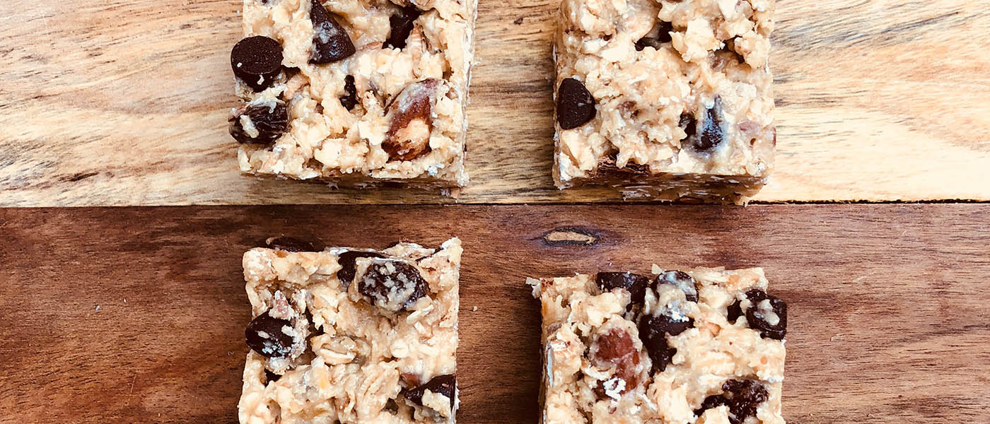 Photo of no bake power bars cut in squares.