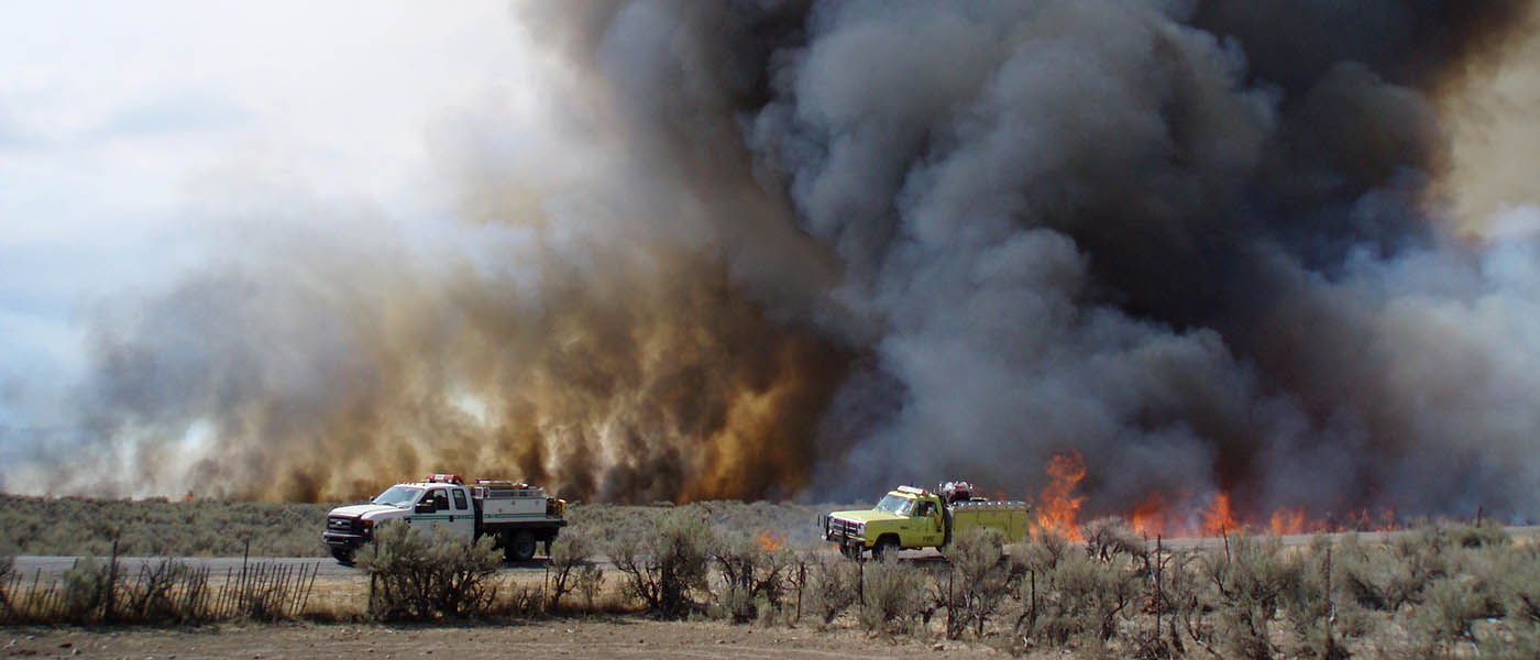 Photo of fire plume with fire trucks in the foreground.