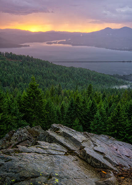 Photo of rock outcropping overlooking valley of evergreen trees at sunrise.