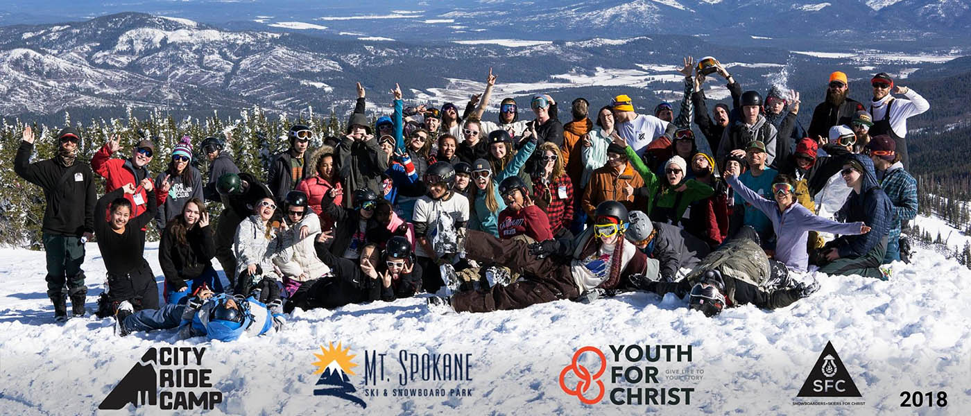 Group photo of the 2018 City Ride Camp on Mt. Spokane.