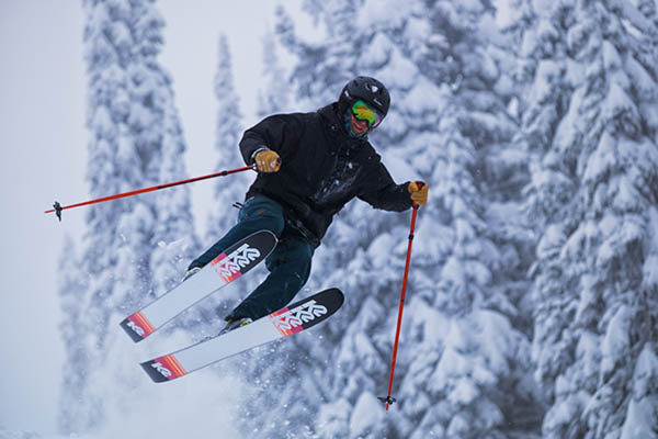 Photo of skier taken from below.