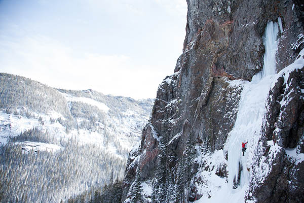 Side view of ice climber at Hyalite Canyon.