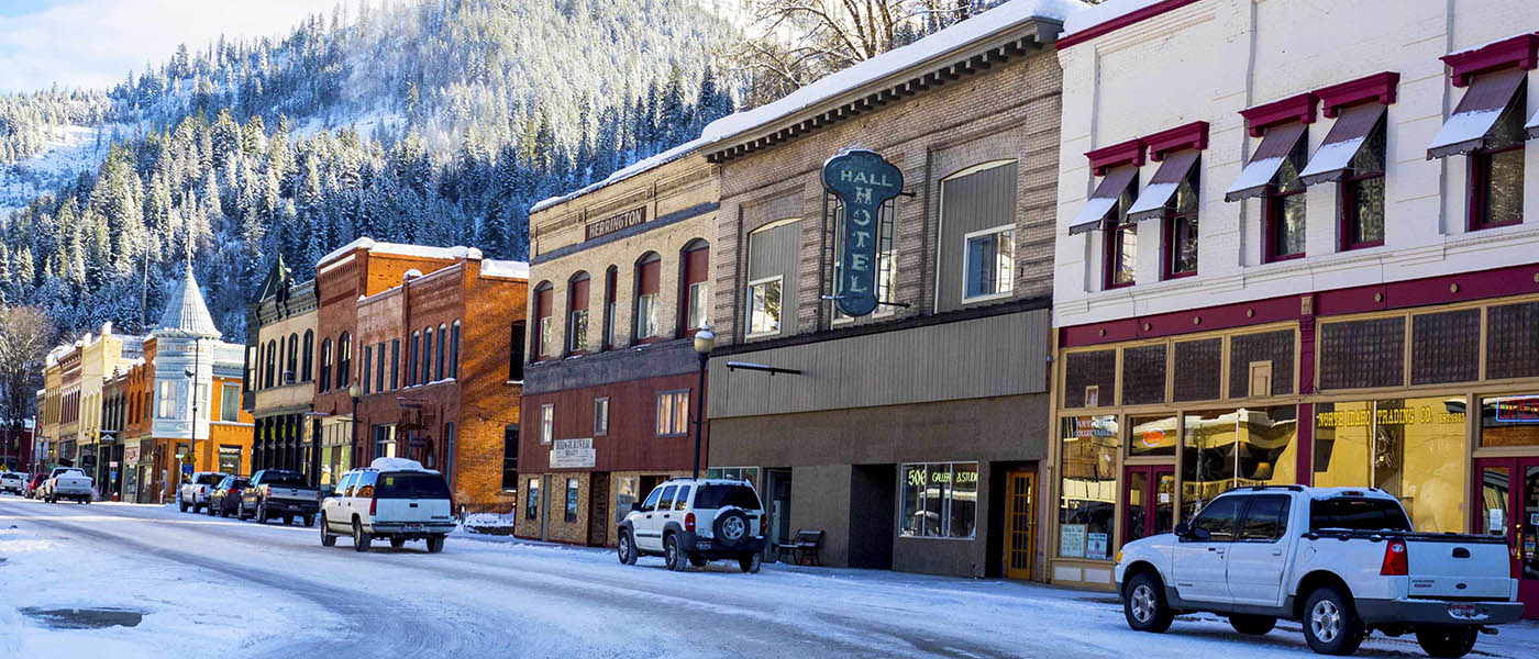 Photo of the main street in Wallace, Idaho.