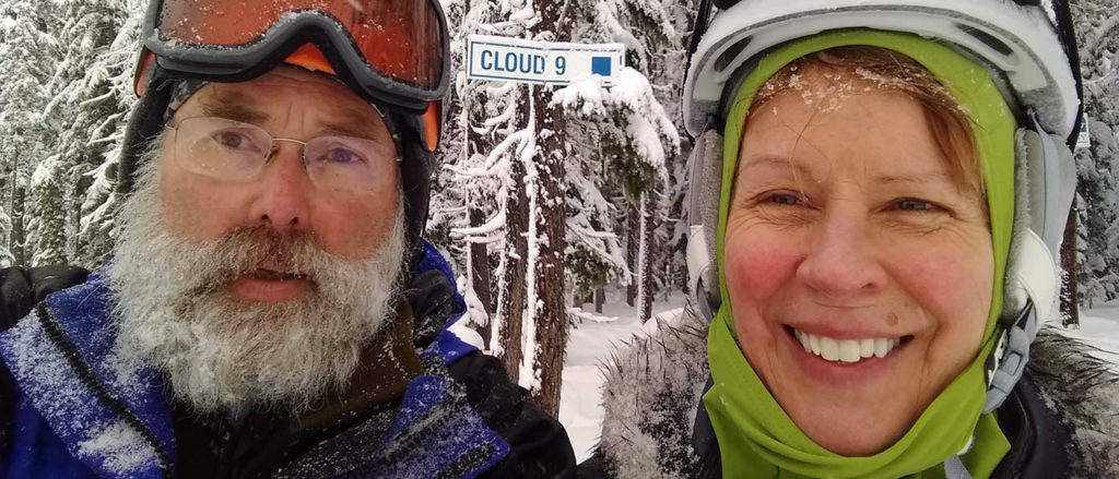 Selfie of Roy & Nancy Self in ski gear.