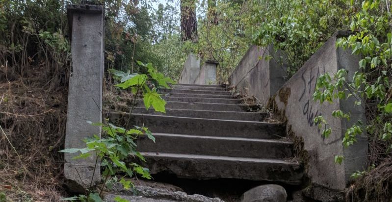 Old crumbling cement steps in the cemetery.