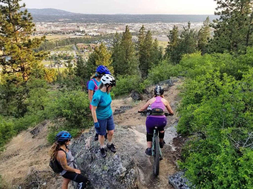 A group of people biking on a mountain side.