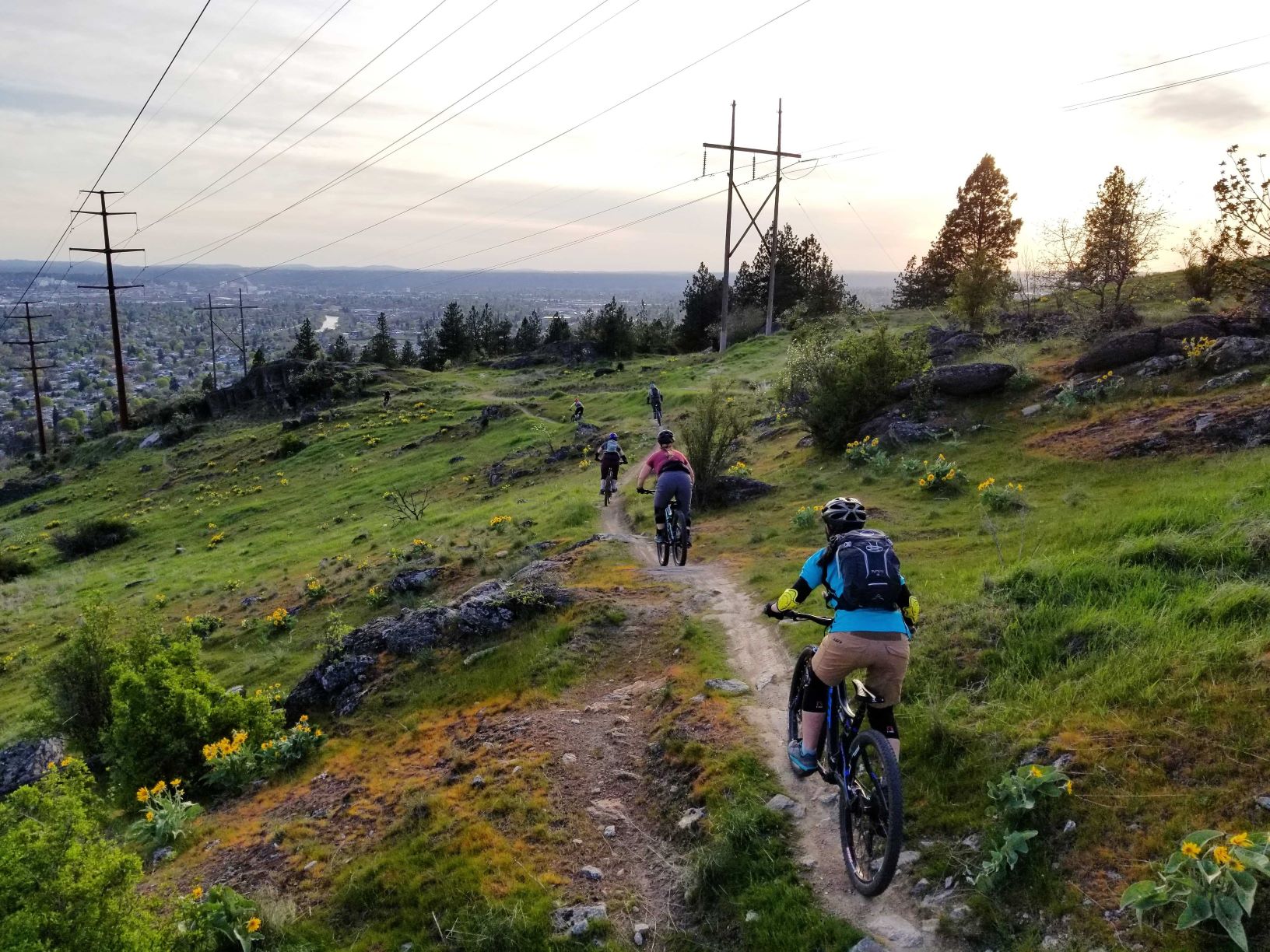 A group of people biking on a hill trail.