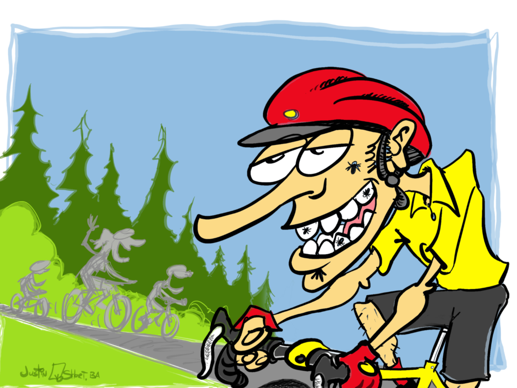 Bugs in teeth bike rider, illustration by Justin Short.