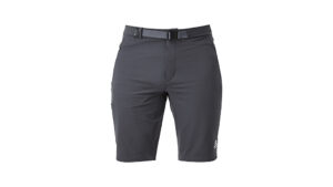 grey shorts with a built-in belt.