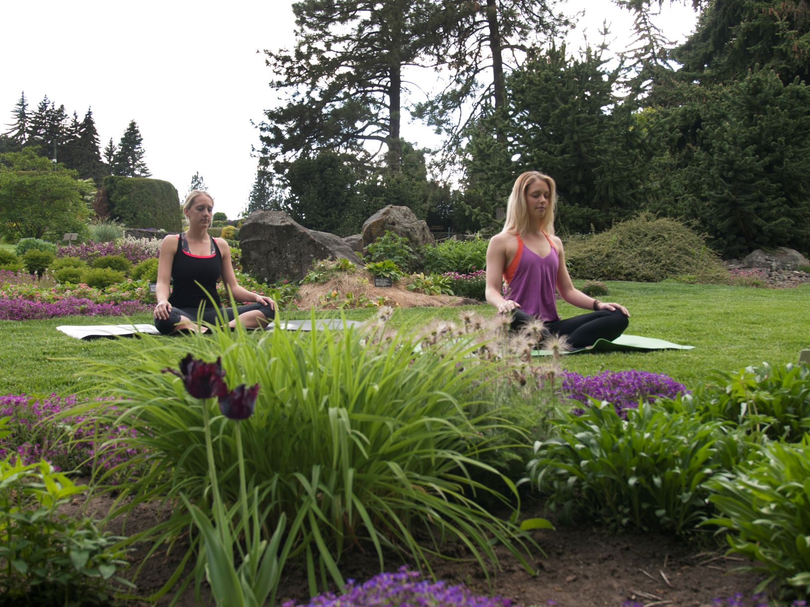 Two women doing yoga meditation.