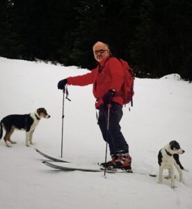 A man skiing with his two dogs.