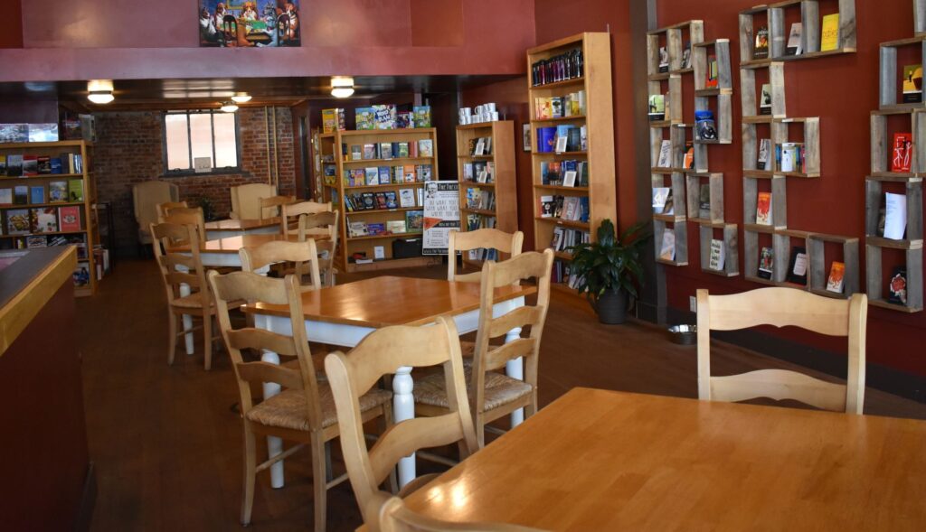 bookstore shelves and tables