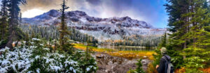 Person looking at a lake and a mountain scene.