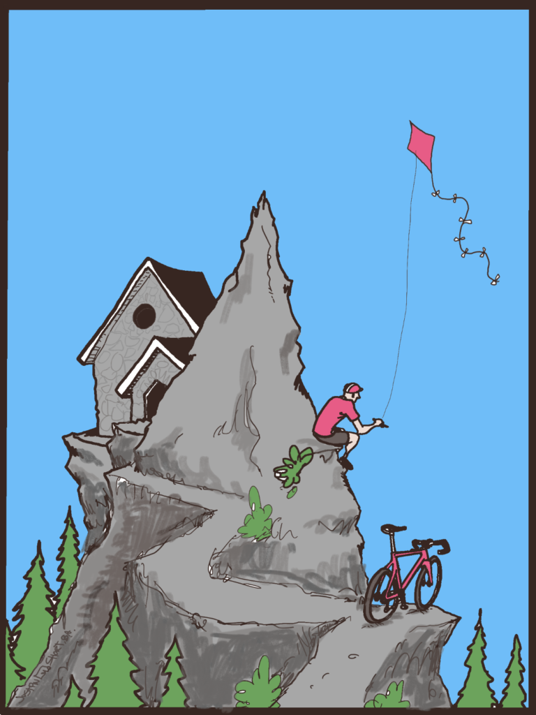 Illustration by Justin Short of a man flying a kite on a mountain ledge.