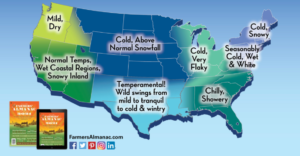 Farmers Almanac prediction across the United States infographic.