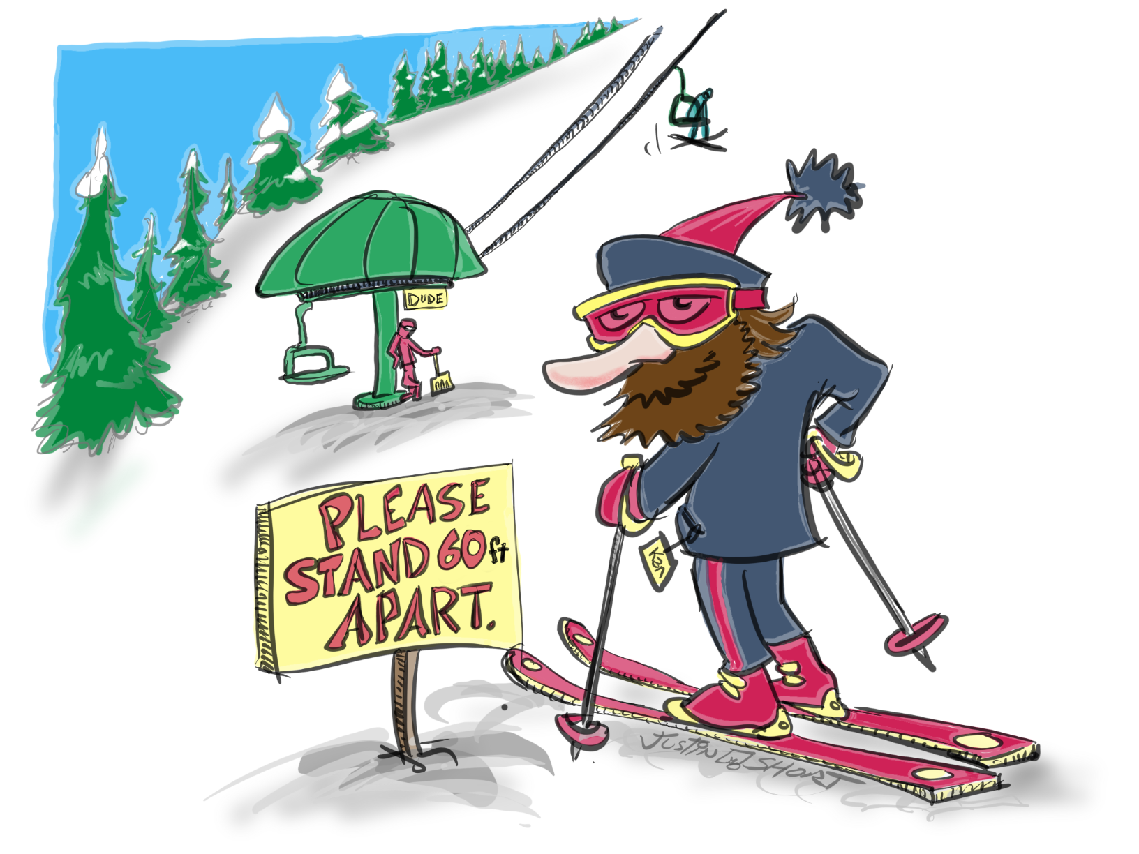Socially distanced skiing illustration by Justin Short.