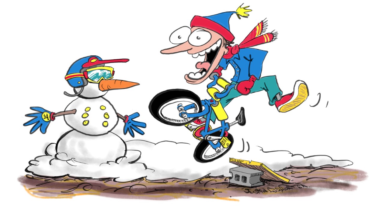 Energetic guy snow biking illustration by Justin Short.