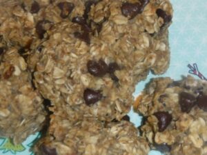 Up-close breakfast cookies with oats and chocolate chips.
