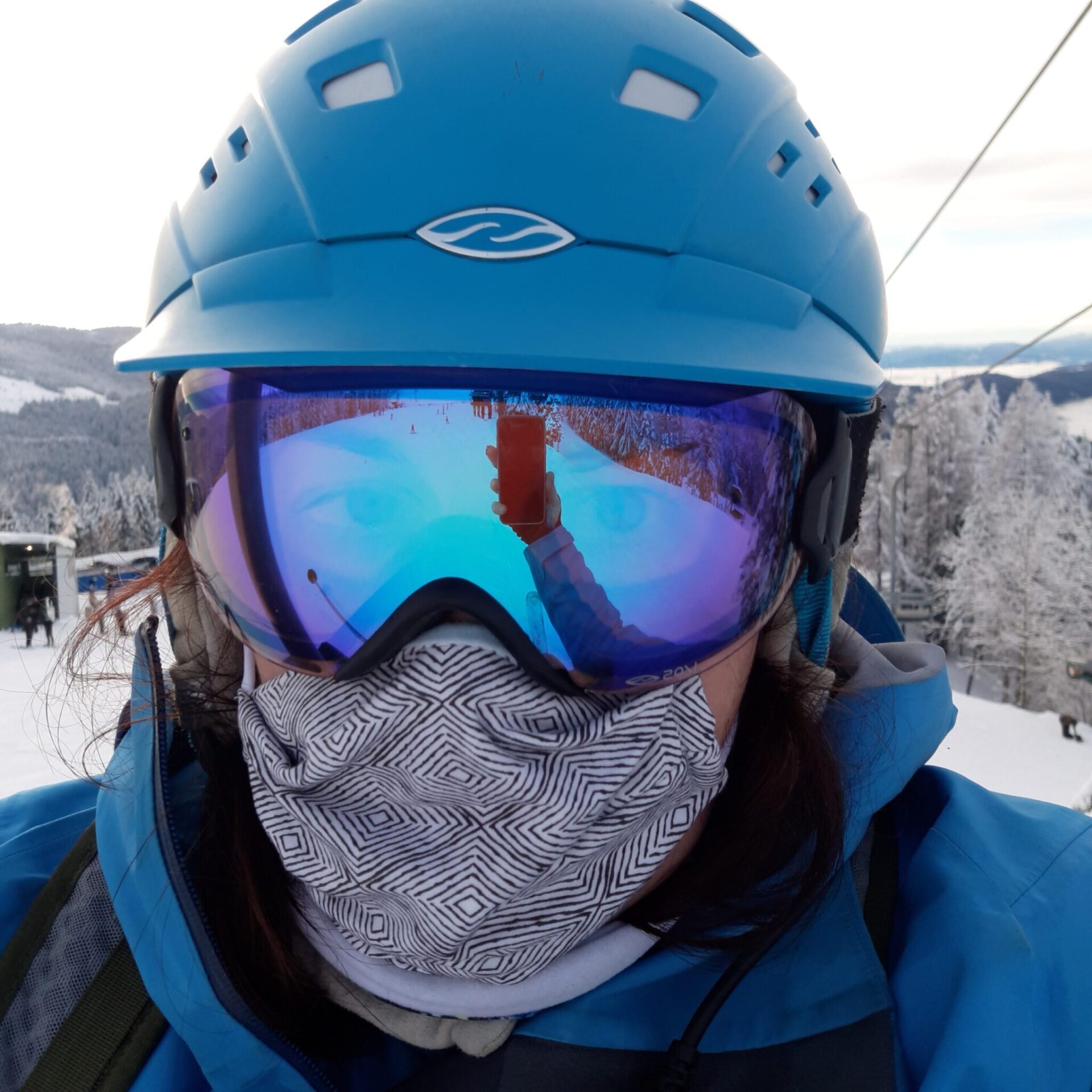 Person taking a selfie showing off their ski mask and helmet.