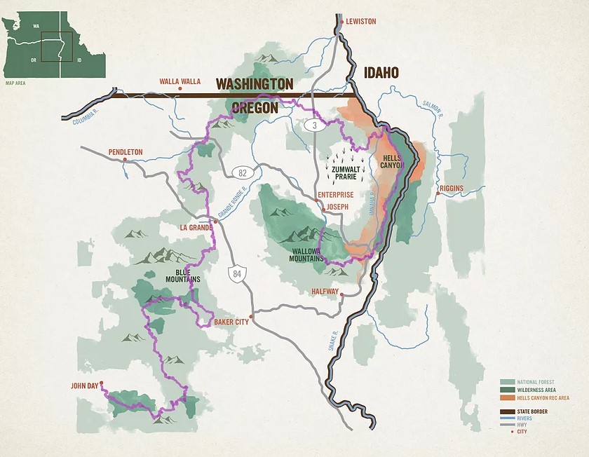 Map of the Blue Mountains Trail in northeast Oregon.
