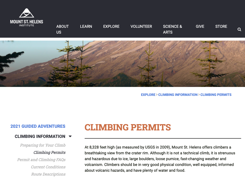 Webpage screenshot for Mount St. Helens Institute with information about climbing permits.