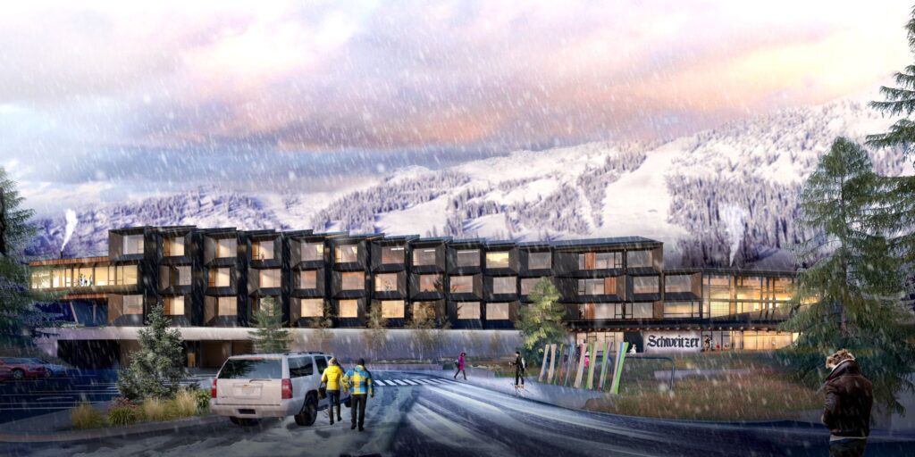 Artistic rendering of the new Humbird hotel, as viewed from Lakeview parking lot, with snowy ski runs in the background.