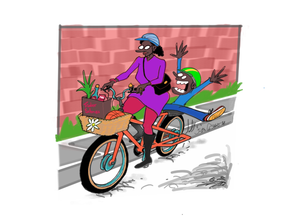 Illustration of a mom biking with a child sitting behind her, arms outstretched and having fun.