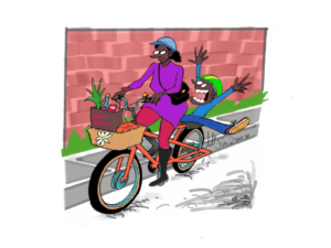 Illustration of a mom biking with a child sitting behind her, arms outstretched and having fun.