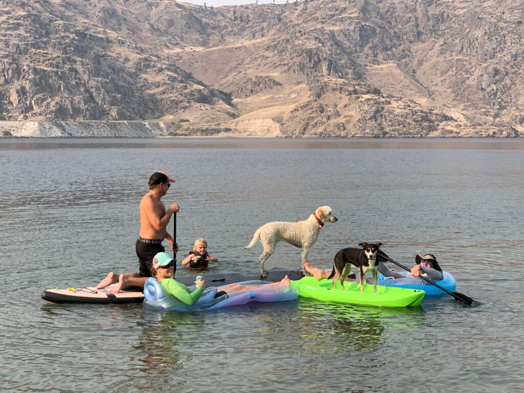 Flotilla on Lake Roosevelt, featuring a stand-up paddler, dogs on sit-on-top kayaks, people on inflatable recreation float-mattresses, and a child swimming.