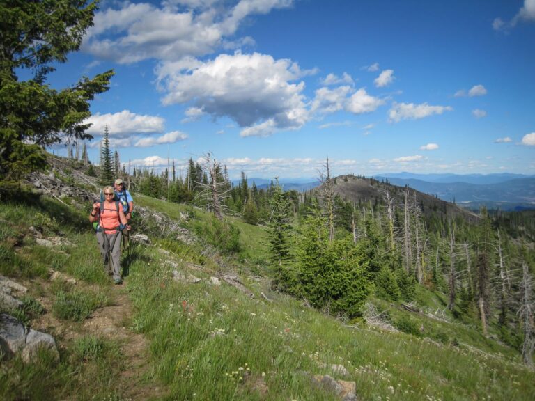 Two hikers on a trail in the Kettle Crest Range -- wearing backpacks and using trekking poles. Forested mountain side with peaks in the distance. Sunny, blue sky with clouds.
