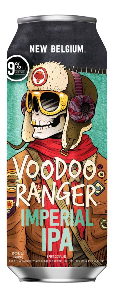 Can of New Belgium Voodoo Imperial IPA, featuring image of skeleton with bomber jacket, red scarf, and hat.