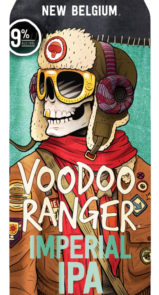 Beer can label for Voodoo Ranger Imperial IPA, featuring a skeleton wearing a bomber hat and jacket with red scarf.